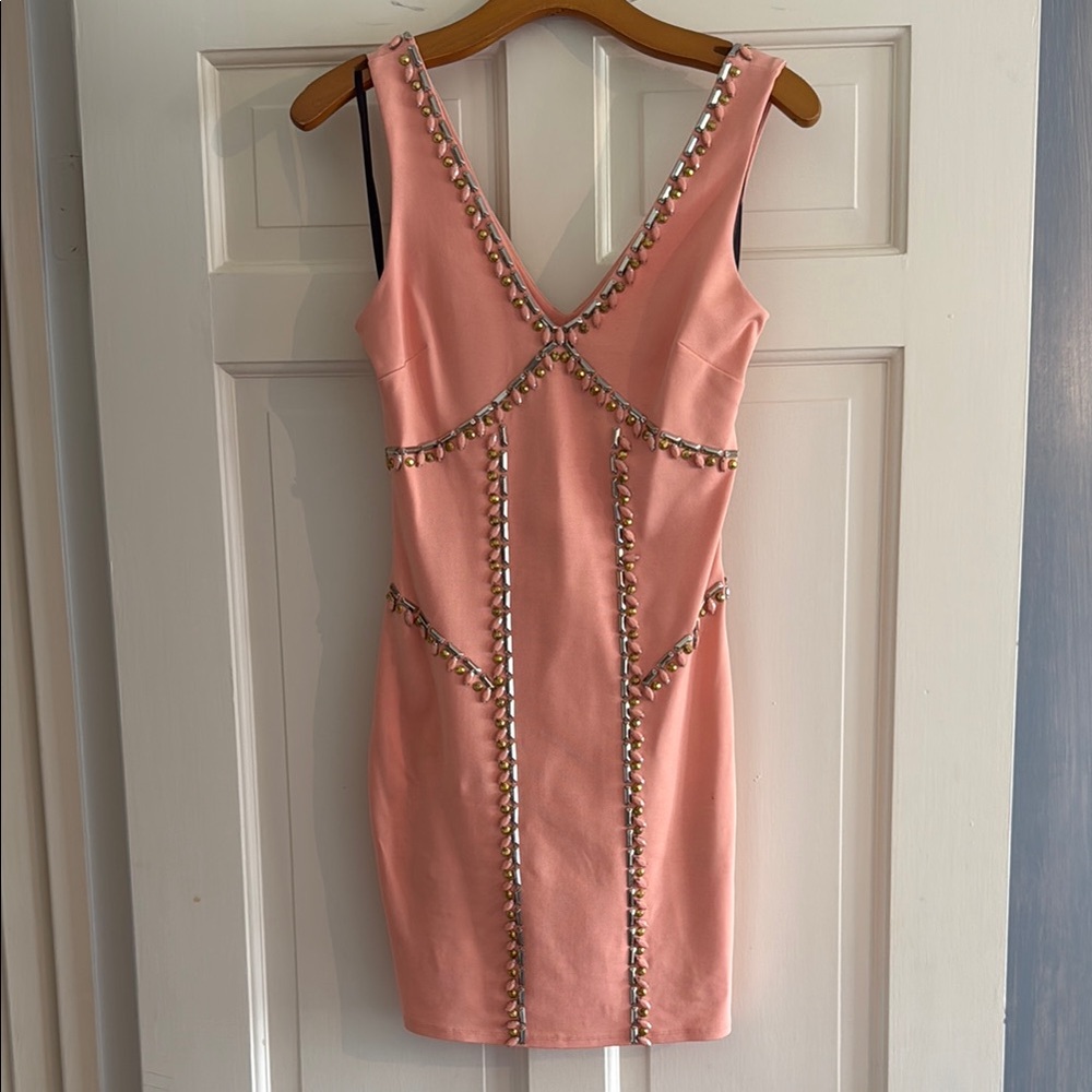 Bebe Pink Embellished V-Neck Bodycon Mini Dress Small